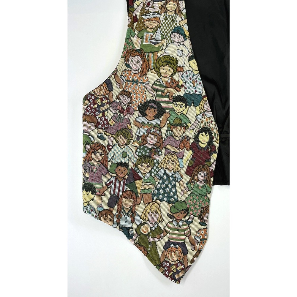 Vintage Children of the World Print Brocade Open Front Vest Teacher Kidcore - Picture 11 of 14